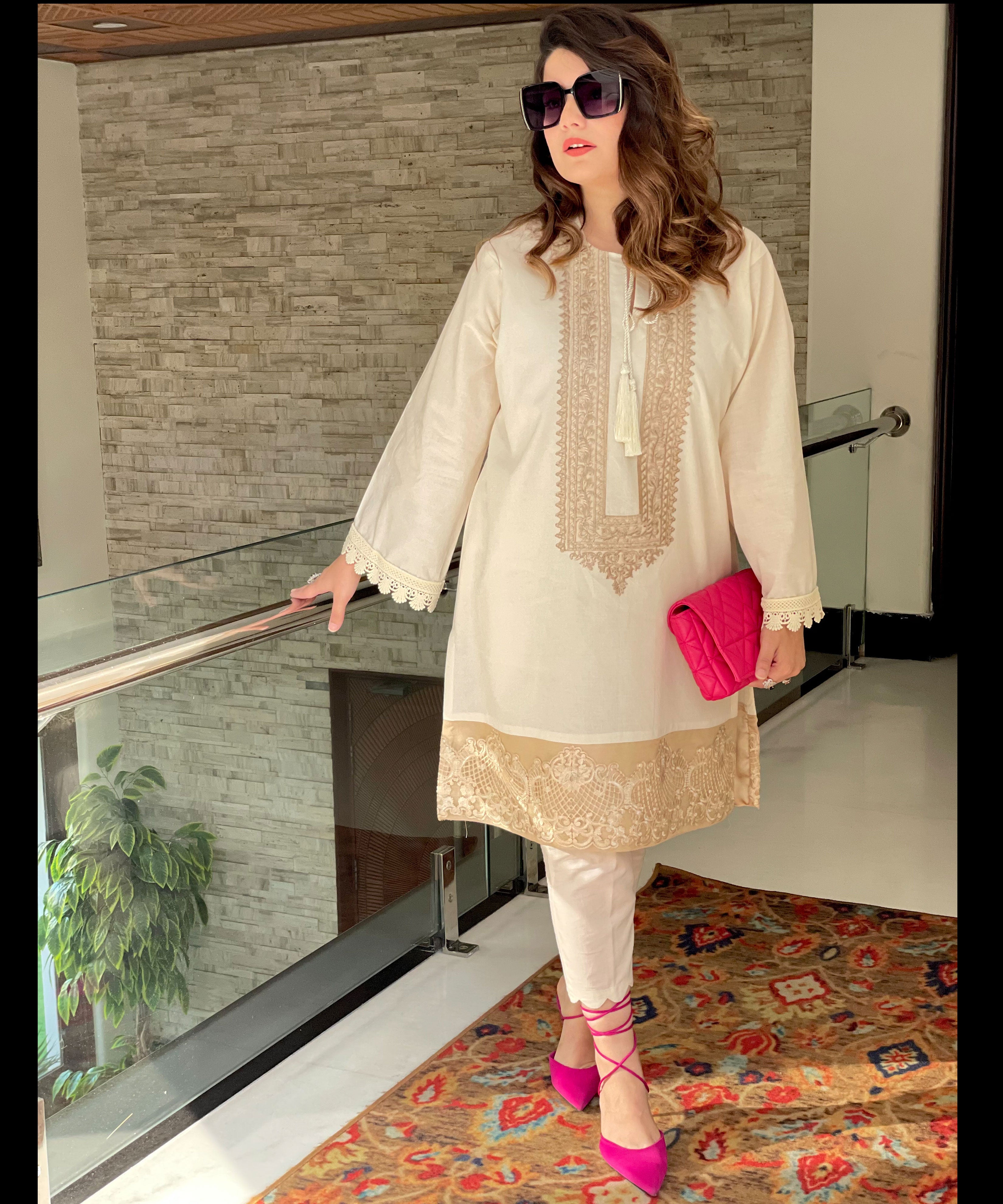 Pakistani Tunic Ready To Wear White Color Long Kurti And Pant Set - Hoortex
